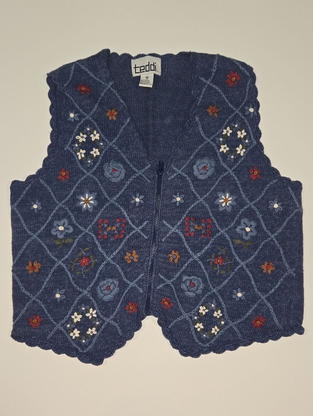 Teddi Navy Blue Floral Embroidered Knit Vest